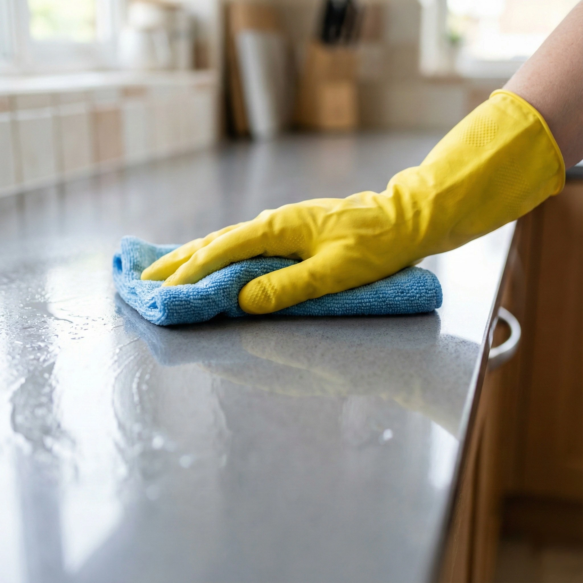 Cleaning detail with microfiber cloth on countertop